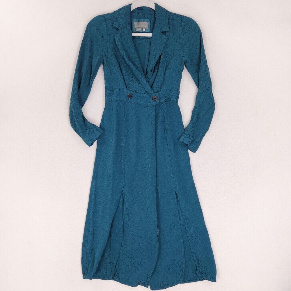 Anthropologie Dress Womens 0 Teal Blue Jacquard Blazer Wrap Long Sleeve Classic